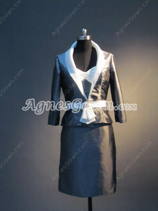Modest Grey And White Short Mother Of The Groom Dresses with Long Sleeves