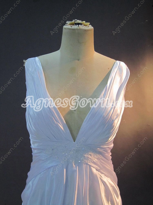 Simple Deep V-Neckline White Satin Plus Size Wedding Dresses 
