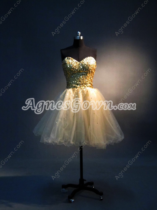 Sparkled Gold Tulle Sweetheart Puffy Sweet 16 Dresses 
