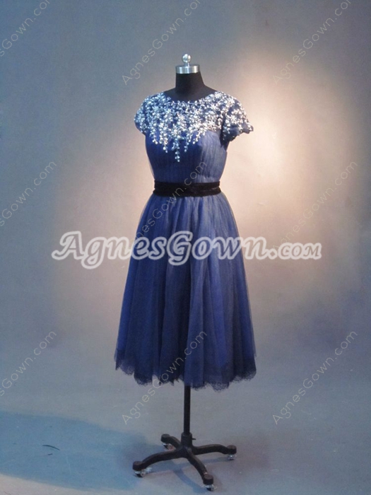Vintage 1950s Dark Navy Tulle Wedding Guest Dresses With Short Sleeves