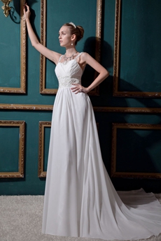 Exquisite Straps A-line White Chiffon Beach Wedding Dress With Appliques 