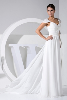 V-Neckline Cap Sleeves White Chiffon Beach Wedding Gown 