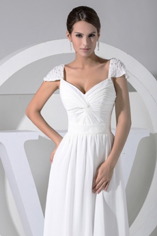 V-Neckline Cap Sleeves White Chiffon Beach Wedding Gown 