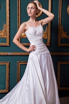 Spaghetti Straps A-line Satin Wedding Dress With Lace Appliques 