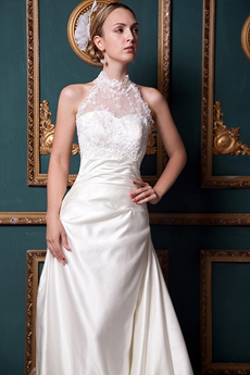 Illusion Back High Collar Ivory Wedding Dress 