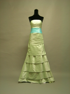Green Strapless A-line Full Length Homecoming Dresses With Blue Sash 