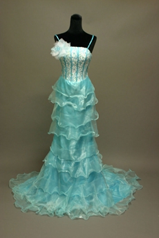 Traditional Blue Organza Spaghetti Straps Celebrity Dresses With Ruffles 