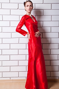 V-Neckline Red Satin Long Sleeves Mother Dress 