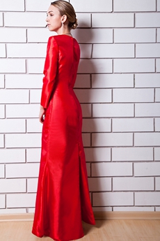 V-Neckline Red Satin Long Sleeves Mother Dress 