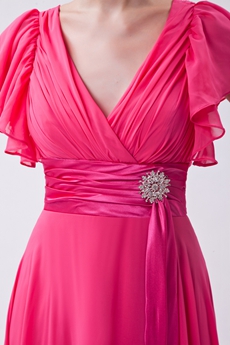 V-Neckline Short Sleeves Fuchsia New Years Eve Prom Dress 