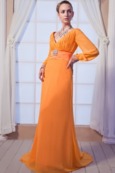 Long Sleeves V-Neckline Orange Mother Of The Bride Dress 