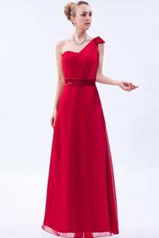 A-line One Shoulder Red Chiffon Bridesmaid Dress With Sash 