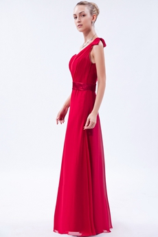 A-line One Shoulder Red Chiffon Bridesmaid Dress With Sash 