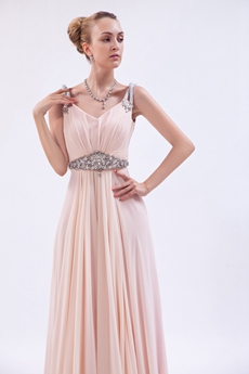 Noble Spaghetti Straps A-line Pearl Pink Chiffon Engagement Evening Dress 