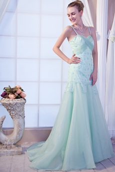 Dazzling Long Sage Organza Prom Dress With Beads