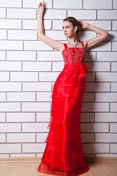 Straight/Column Full Length Red Organza Evening Dress 