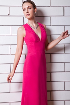 Cut Out Back Fuchsia Mother Of The Bride Dress V-Neckline 