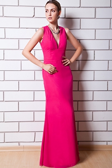 Cut Out Back Fuchsia Mother Of The Bride Dress V-Neckline 