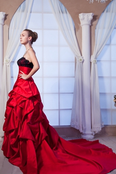 Strapless Red Taffeta Ball Gown Wedding Dress With Black Lace  