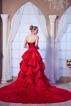 Strapless Red Taffeta Ball Gown Wedding Dress With Black Lace  