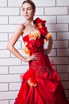 Gothic One Shoulder Red Quinceanera Dress With Orange Flowers