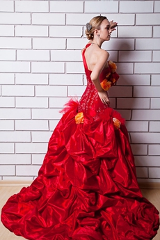 Gothic One Shoulder Red Quinceanera Dress With Orange Flowers