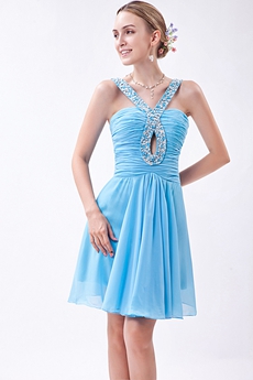 Straps Mini Length Blue Junior Prom Dress 