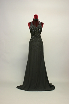Traditional Black Halter Evening Dresses With Beaded Bodice