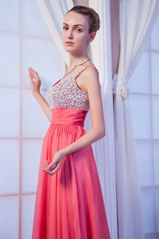 Luxury Spaghetti Straps Watermelon Chiffon Junior Prom Dress With Beads 