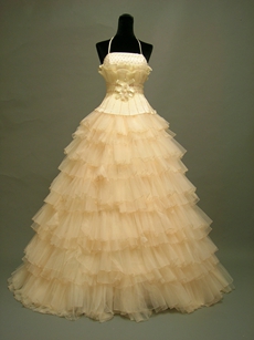 Pretty Halter Champagne Puffy Sweet 15 Gowns