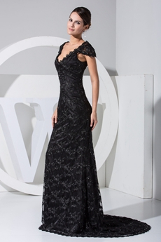 Elegant Sheath Black Lace Evening Dresses  with Cap Sleeves