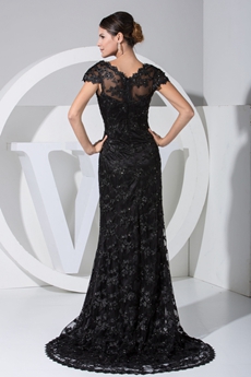 Elegant Sheath Black Lace Evening Dresses  with Cap Sleeves