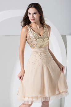 Knee Length Sparkled Champagne Prom Dress 