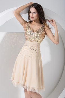Knee Length Sparkled Champagne Prom Dress 