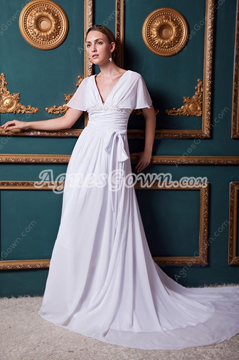 V-Neckline Short Sleeves Casual Beach Wedding Dress 