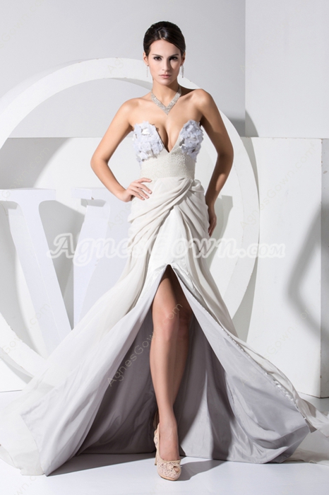 Sexy Strapless Grey Silver Evening Dress with Slit