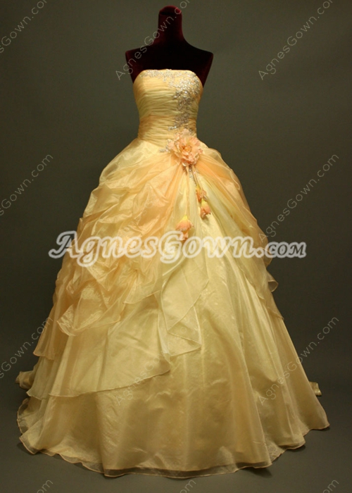 Romantic Champagne Strapless Ball Gown Wedding Dress