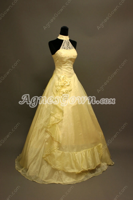 Modest Yellow Halter High Collar Quinceanera Ball Gown Dress