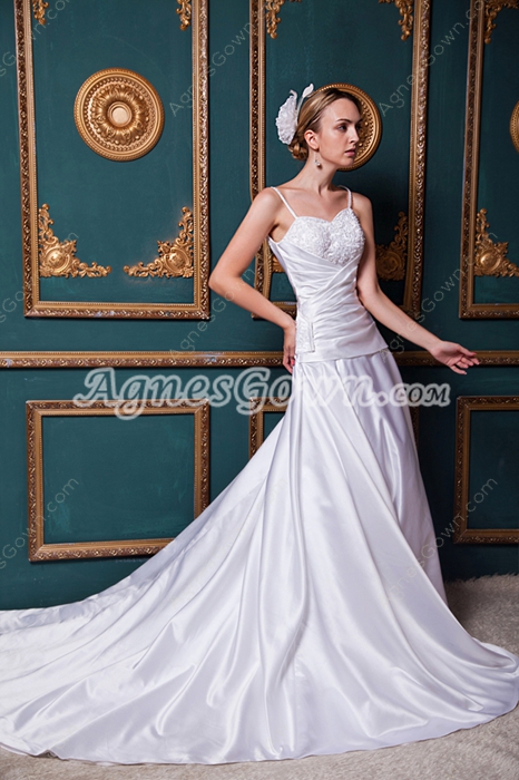 Spaghetti Straps A-line Satin Wedding Dress With Lace Appliques 