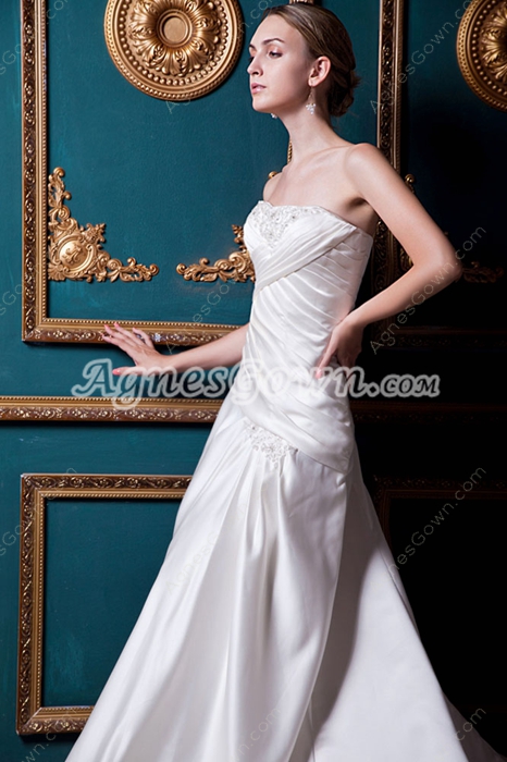Exquisite A-line Ivory Satin Wedding Dress Asymmetrical Waist 