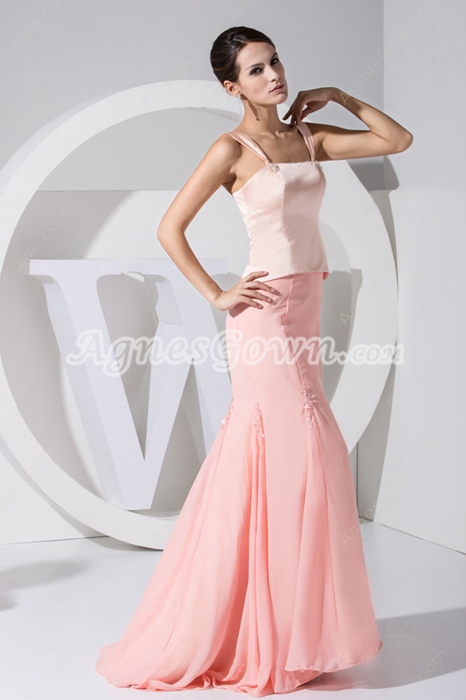 Double Straps Sheath Full Length Peach Prom Dress 