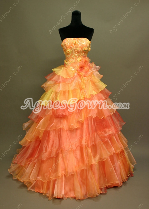 Traditional Strapless Princess Quinceanera Dresses With Handmade Flowers  