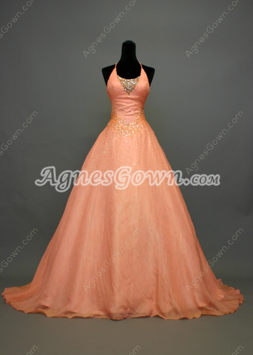 Charming Coral Halter Ball Gown Quinceanera Dresses With Sequins 