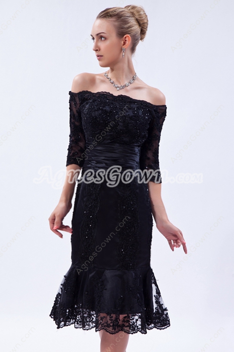 Off The Shoulder Knee Length Black Lace Mother Of The Groom Dress 