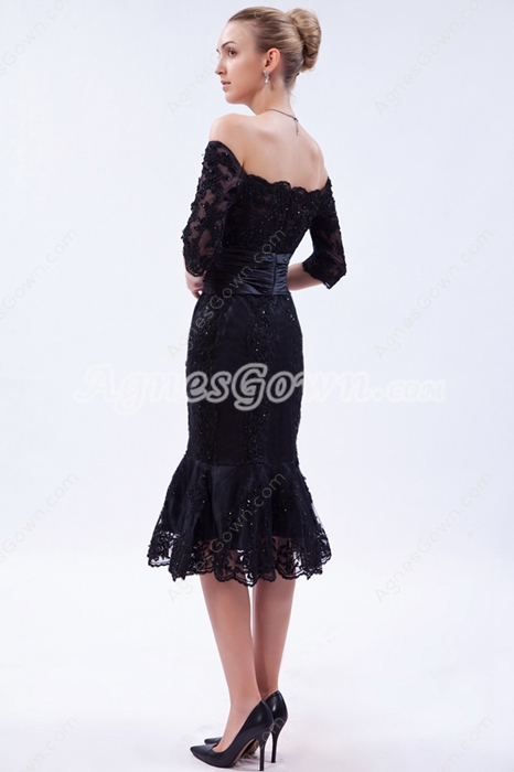 Off The Shoulder Knee Length Black Lace Mother Of The Groom Dress 