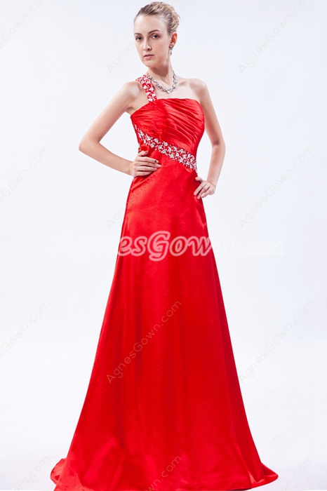 One Shoulder Red Satin Formal Evening Dress 