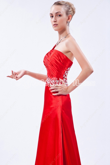 One Shoulder Red Satin Formal Evening Dress 