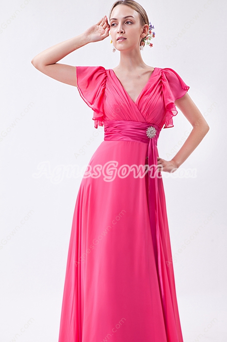 V-Neckline Short Sleeves Fuchsia New Years Eve Prom Dress 