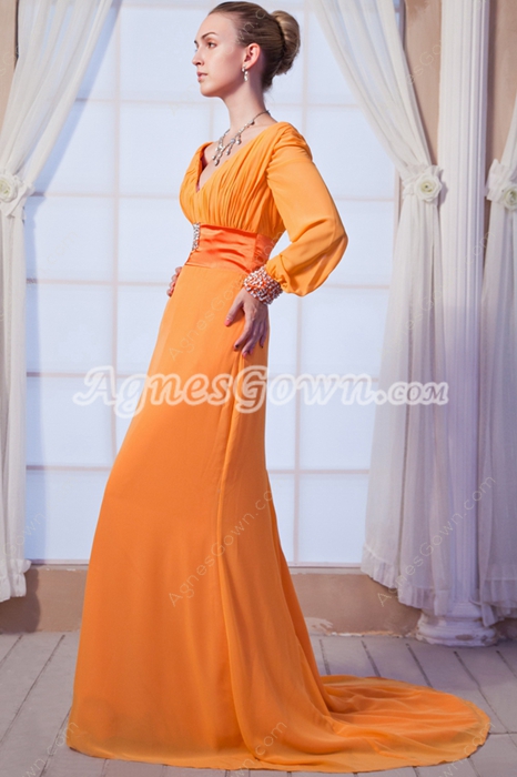 Long Sleeves V-Neckline Orange Mother Of The Bride Dress 