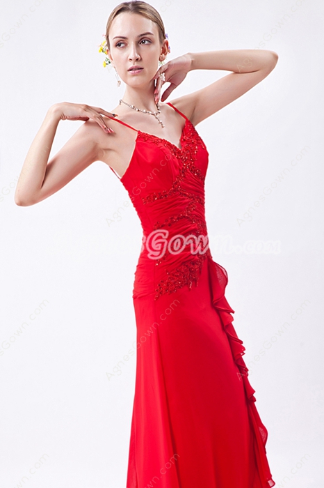Spaghetti Straps A-line Red Chiffon Long Homecoming Dress 